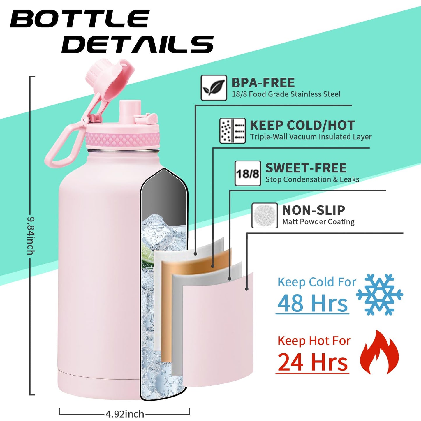 Half Gallon Insulated Water Bottle with Straw Pink