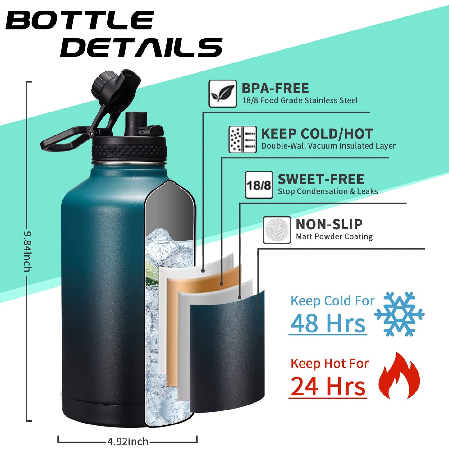 Half Gallon Insulated Water Bottle with Straw Pink