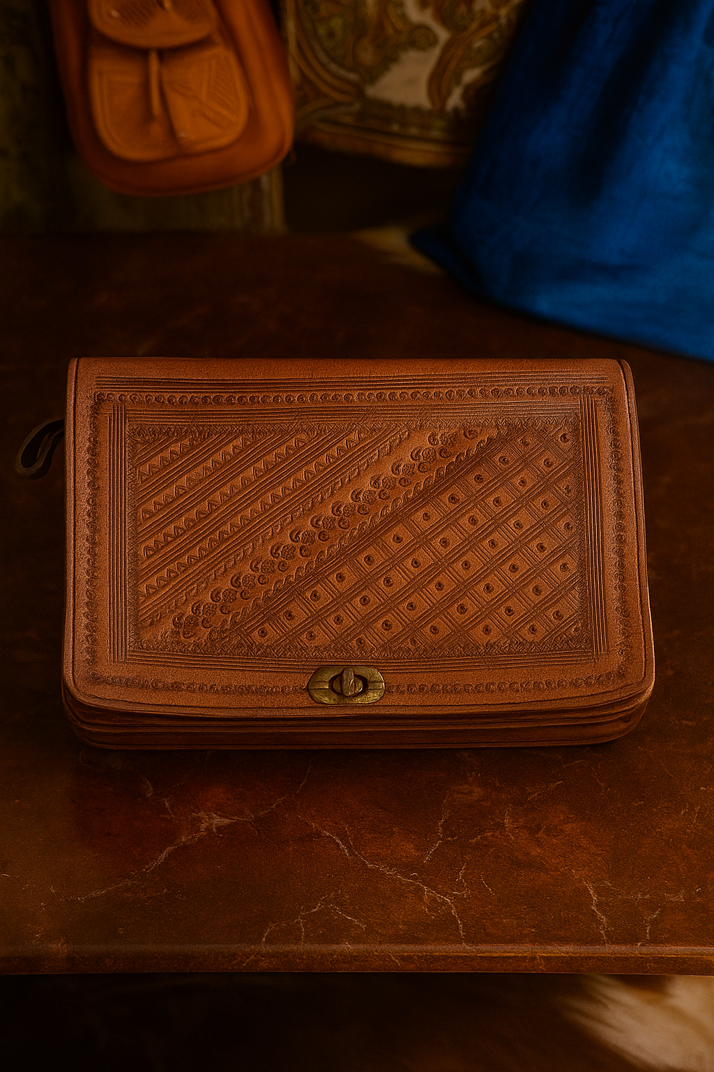 Handcrafted Moroccan Leather Clutch  Geometric Embossed Pattern