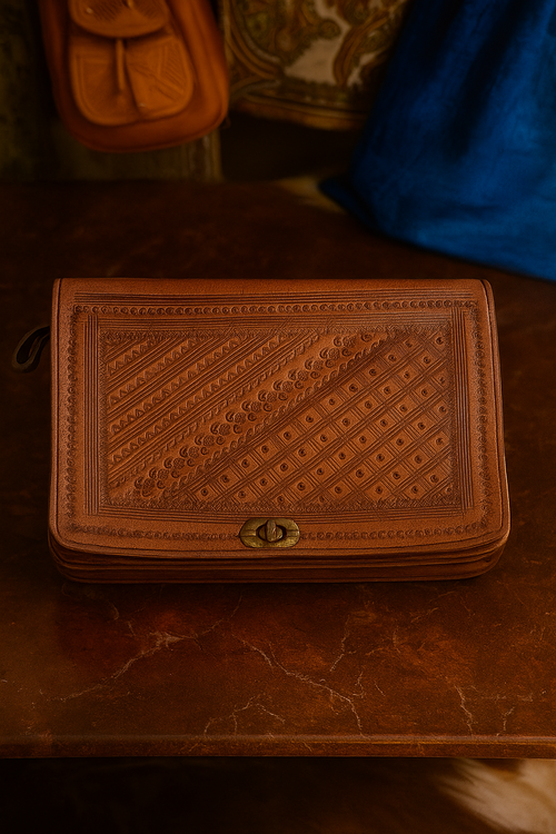 Handcrafted Moroccan Leather Clutch  Geometric Embossed Pattern