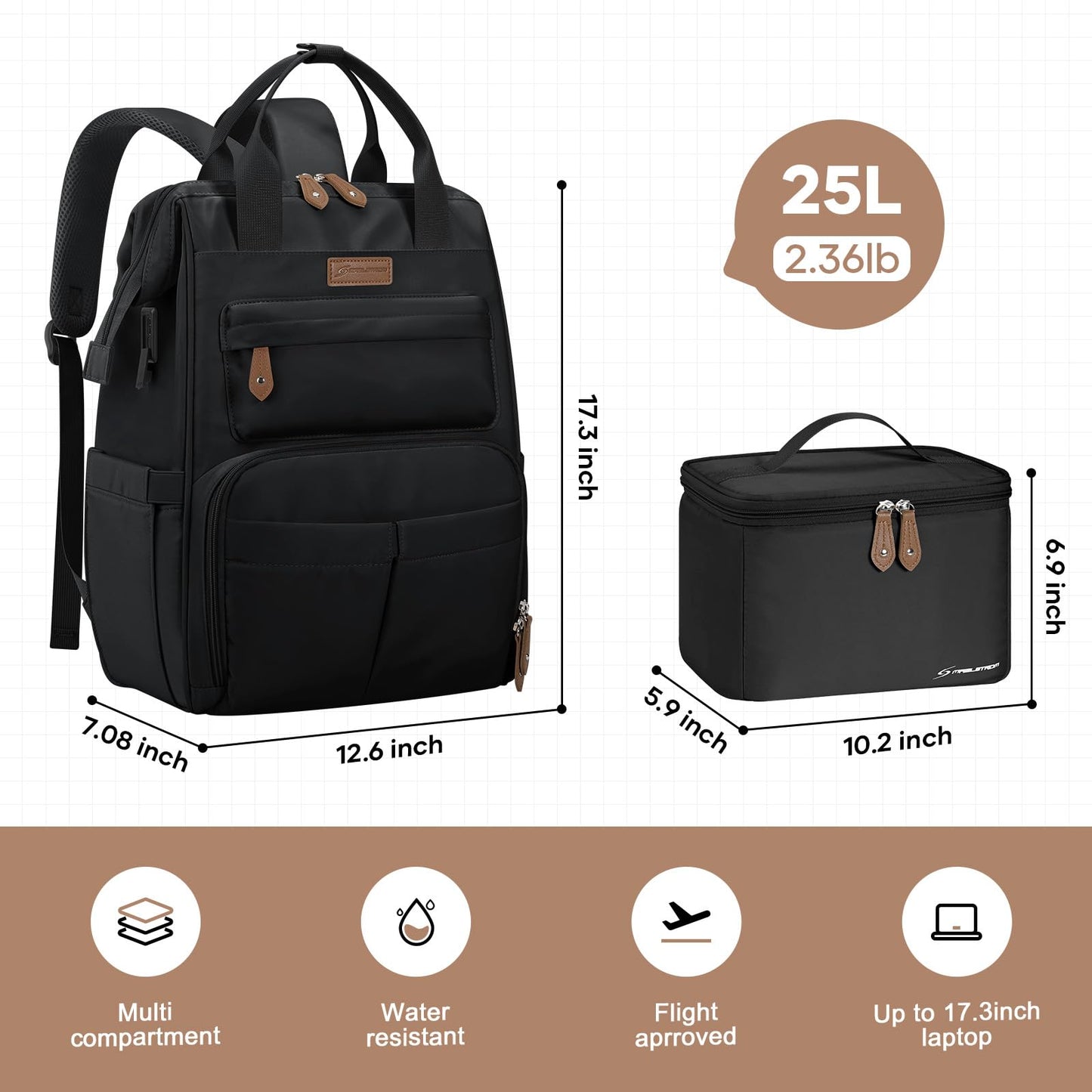 : Laptop Backpack, Water Resistant, Carry-On, Insulated Lunch Box.