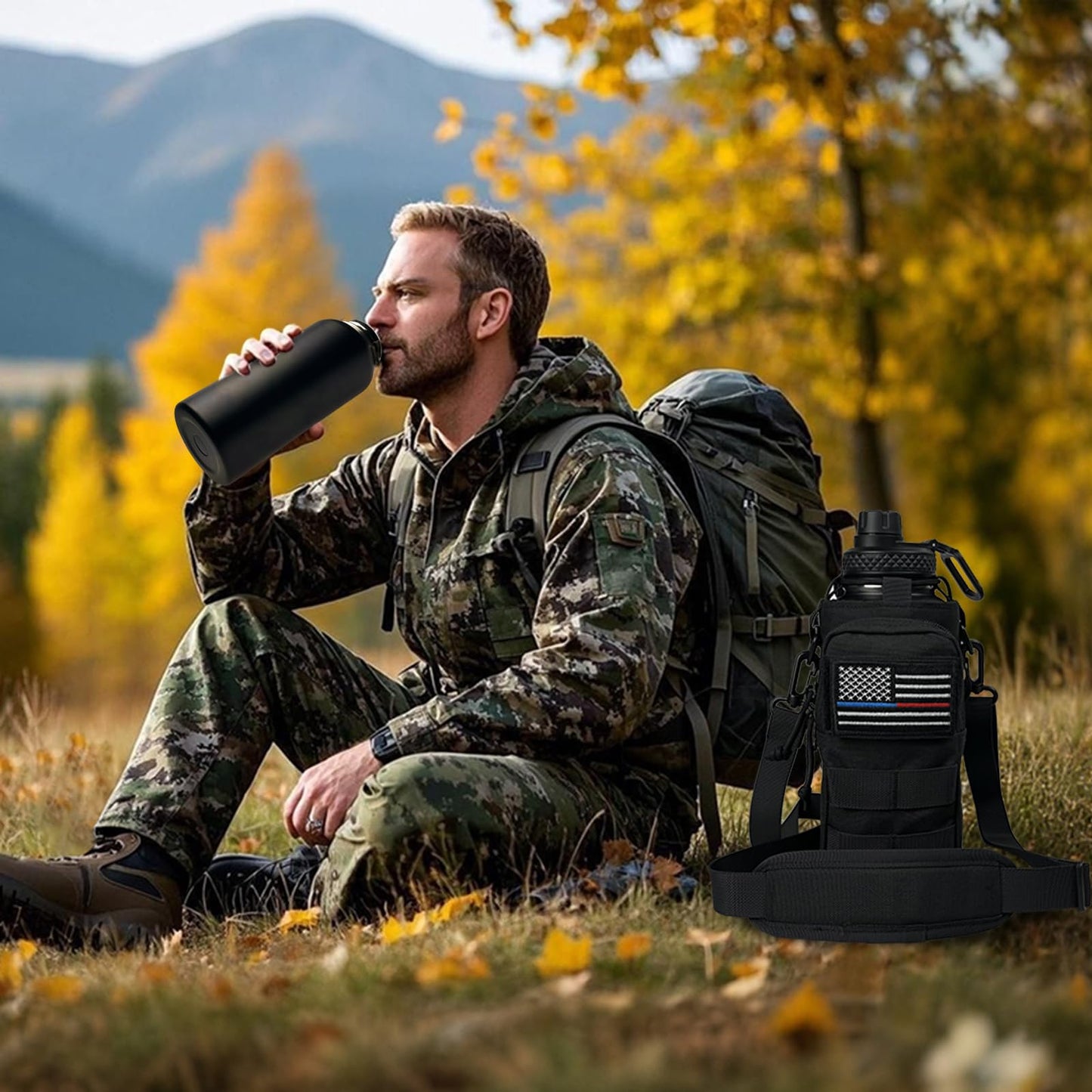 32oz Insulated Water Bottle with Camo Sleeve – Military Green