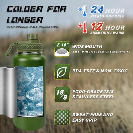 32oz Insulated Water Bottle with Camo Sleeve – Military Green