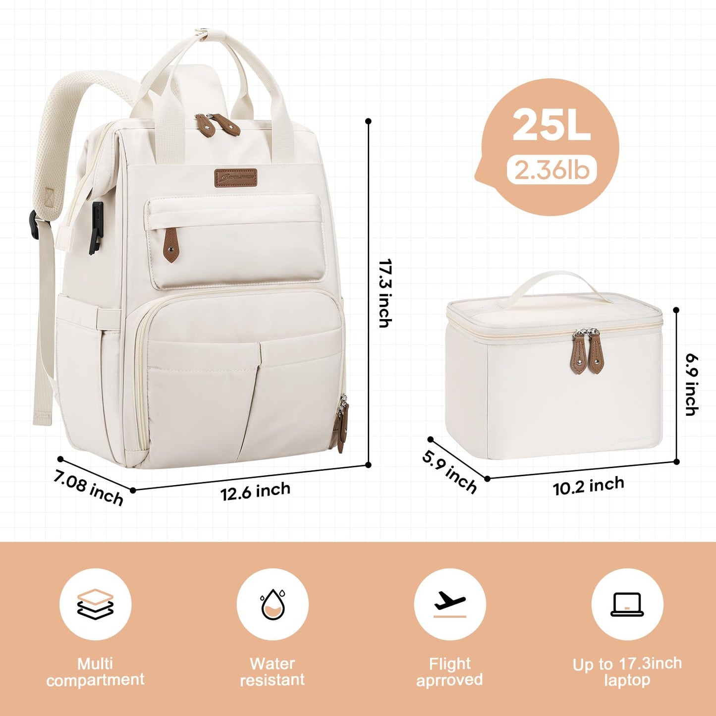 : Laptop Backpack, Water Resistant, Carry-On, Insulated Lunch Box.