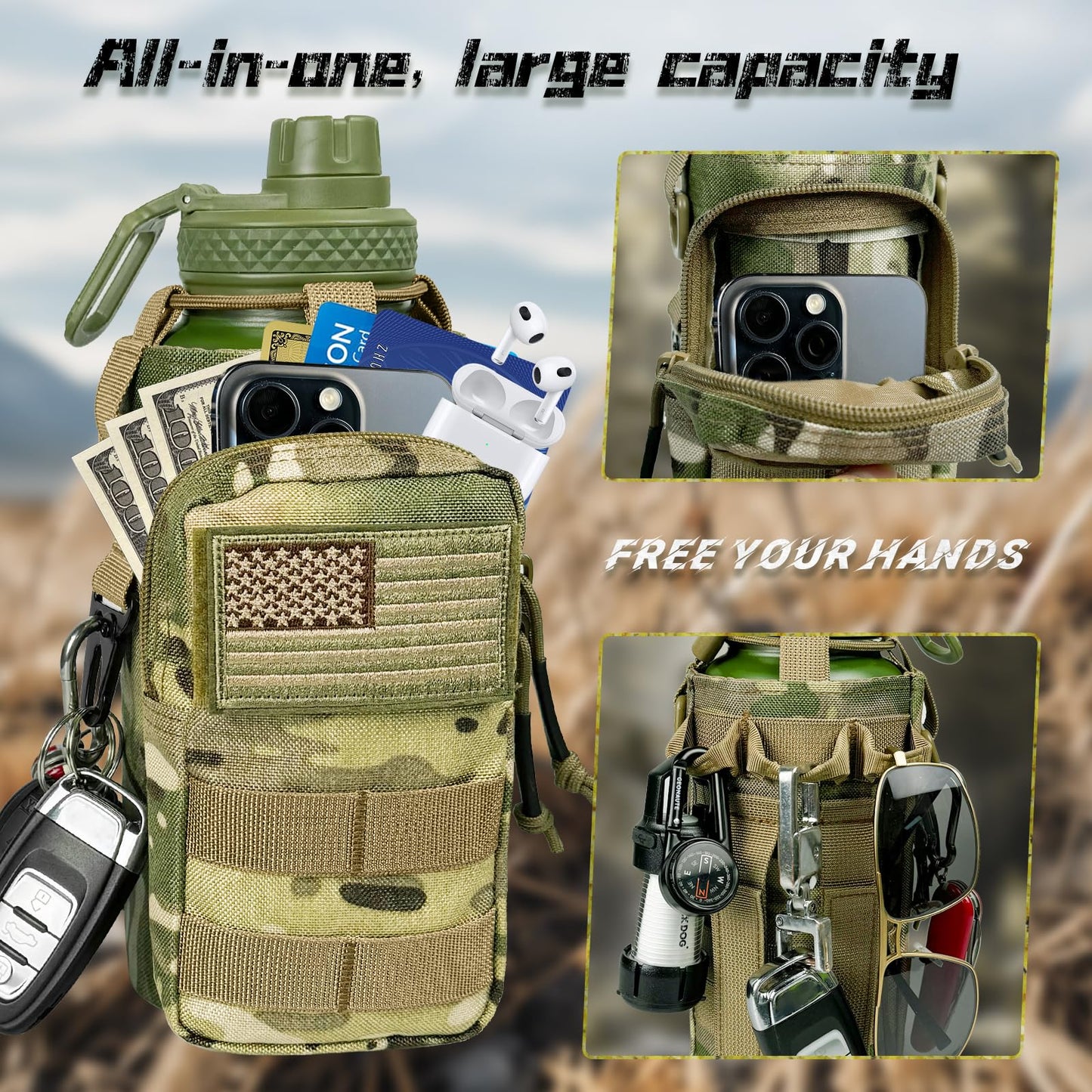 32oz Insulated Water Bottle with Camo Sleeve – Military Green
