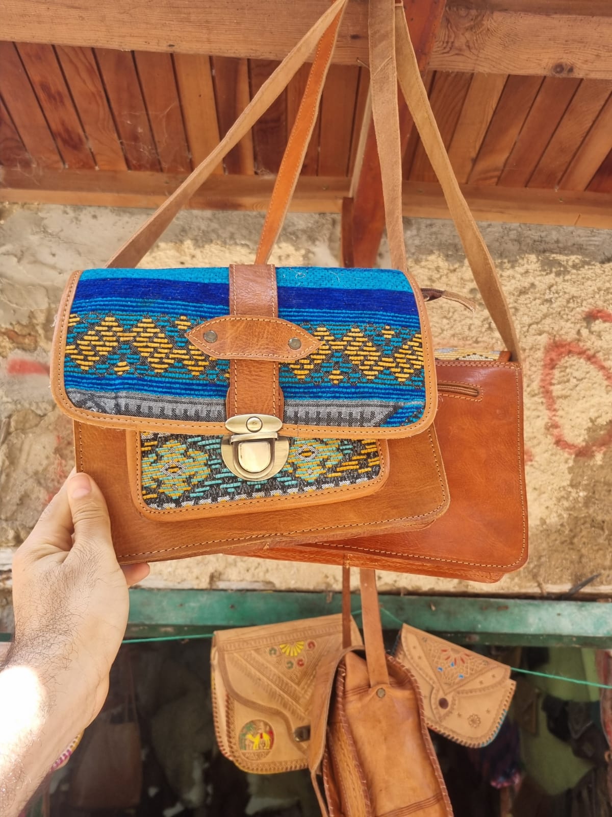 Handmade Moroccan Leather Crossbody Bag with Berber Textile